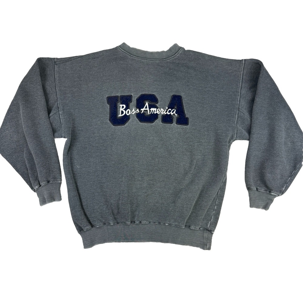 Vtg 90s Boss America USA Crewneck Sweatshirt‎ Men's Large Gray Fleece Spellout
